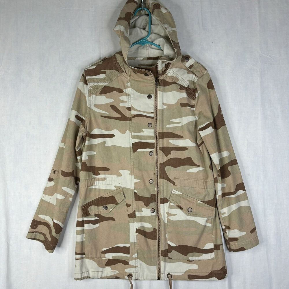 Forever 21 Womens Camo Jacket Small Dusty Pink Brown Print Utility  S/M Zip Hood